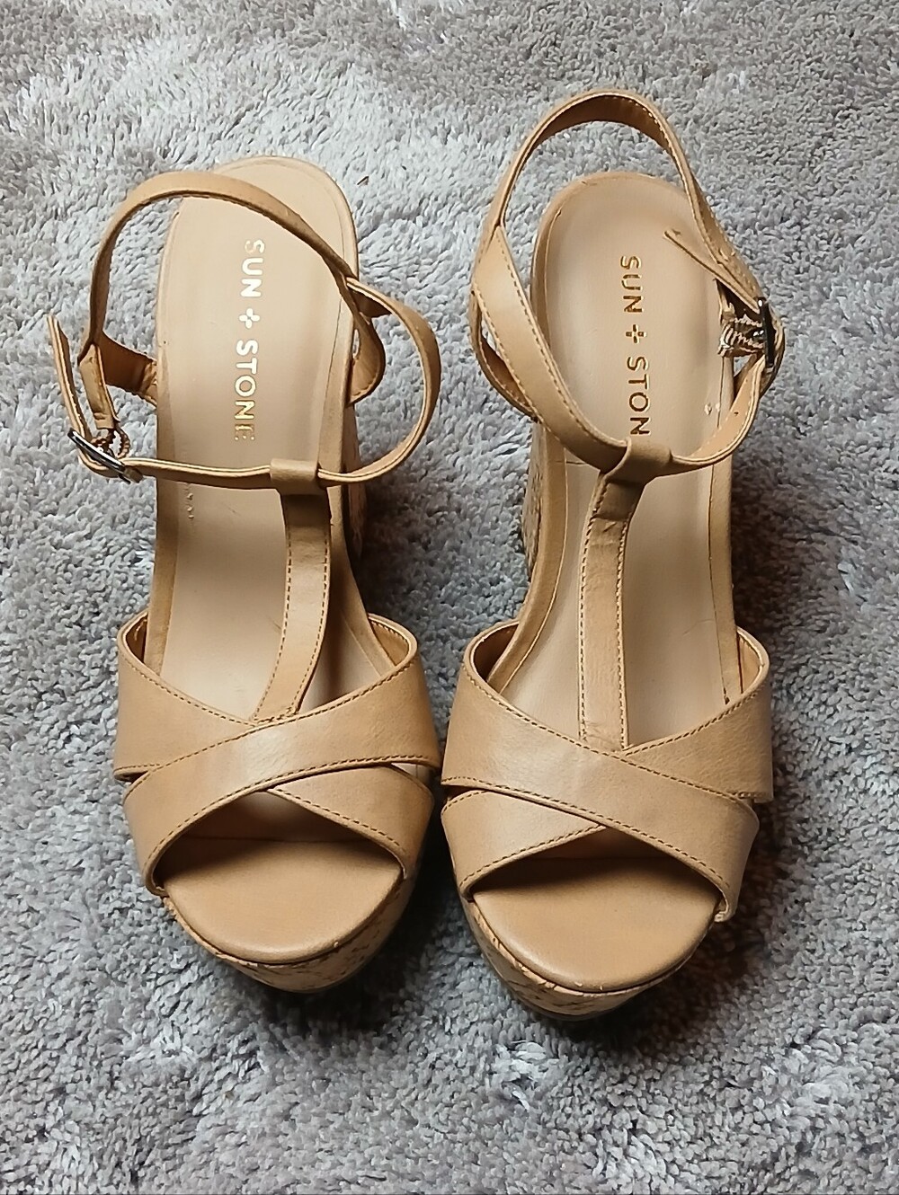 Sun + Stone Tan T-Strap Wedge Sandals